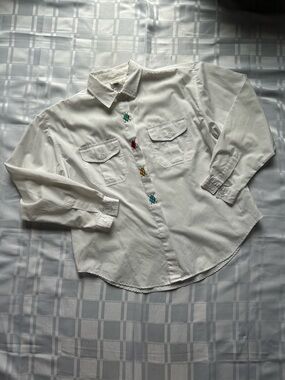 Elite International White Button-Up Shirt with Multicolor Embroidered Detail